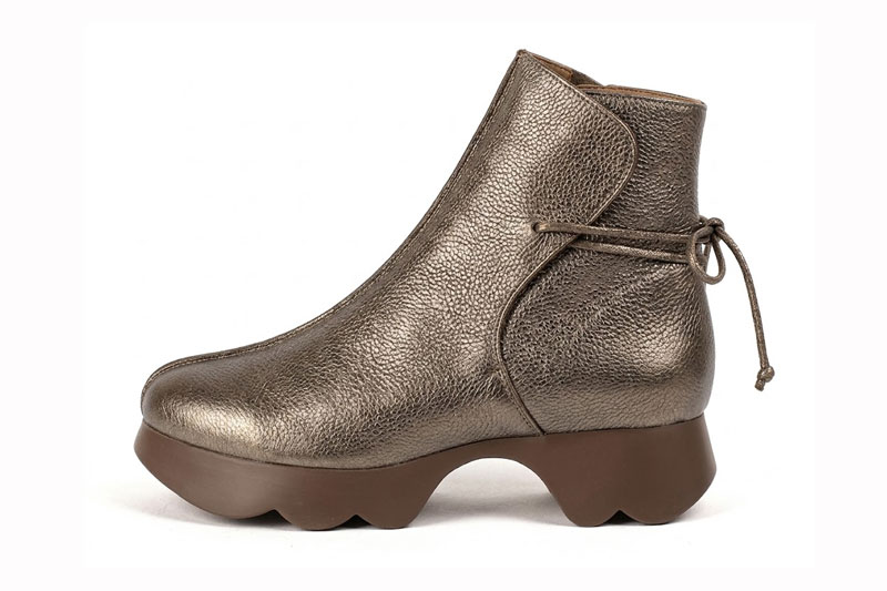 Women's bronze back lace-up ankle boots with round toe and chunky rubber sculpted sole - Profile view